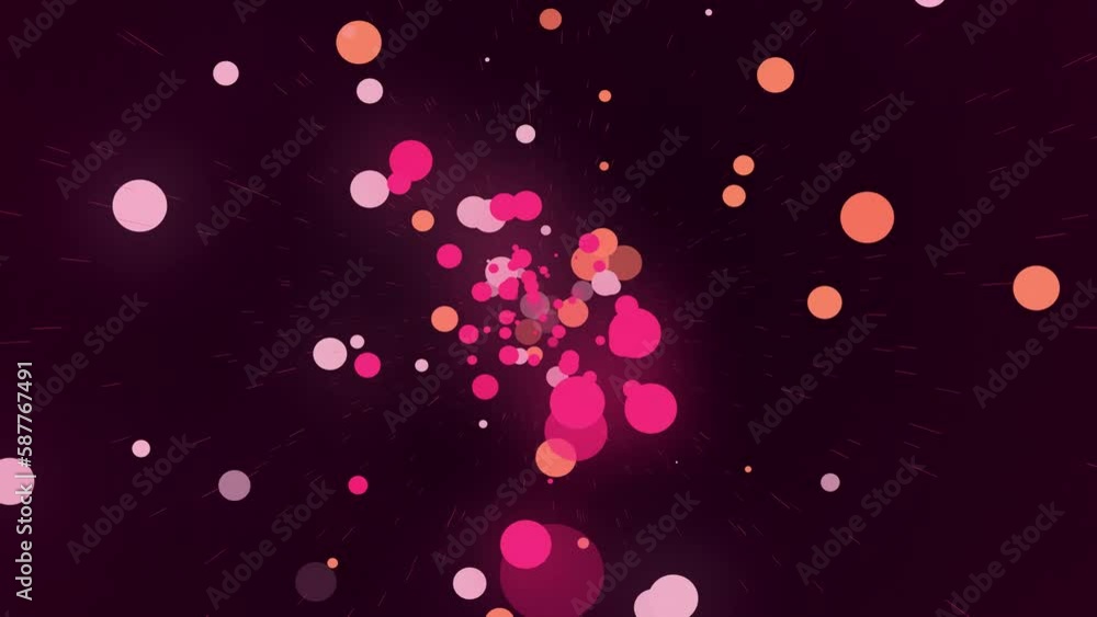 Poster flying colorful balls and lines in dark space. flying particles in empty space. dynamic shape.