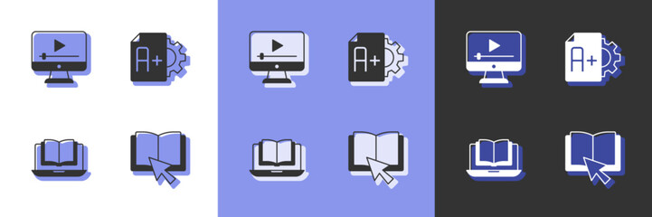 Set Online book, play video, class and Exam sheet with A plus grade icon. Vector