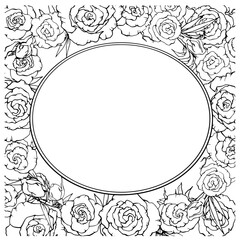 Vector graphics. Linear freehand drawing of a frame of roses. From the collection HAIR DECORATION. For the design of websites, business cards, labels, printing posters on textiles and dishes.