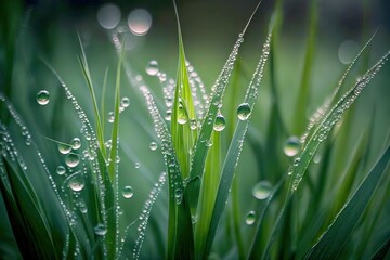 Obraz premium A single blade of grass standing tall and wet, adorned in fresh dew droplets. Its green stem stands out against the moisture-filled background. Generative Ai.