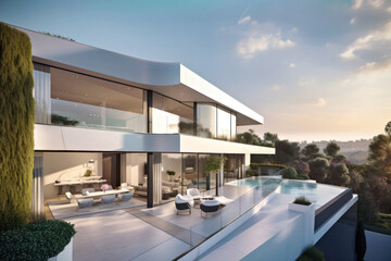 Modern design luxury house and evening sky, Generative AI