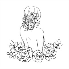 Graphic drawing by hand. Image of a naked girl with a long female hairstyle and flowers. For the design of the site, business cards, hairdresser, labels for hair care products. Vector.