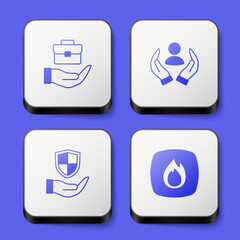 Set Hand holding briefcase, Life insurance, Shield hand and Fire flame icon. White square button. Vector