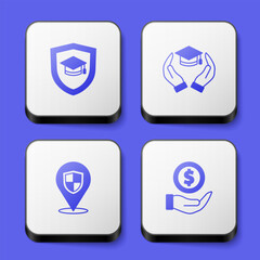 Set Graduation cap with shield, Education grant, Location and Money icon. White square button. Vector