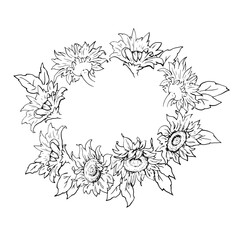 Vector graphics. Linear freehand drawing of a wreath of sunflowers. From the collection HAIR DECORATION. For the design of websites, business cards, labels, printing posters on textiles and dishes