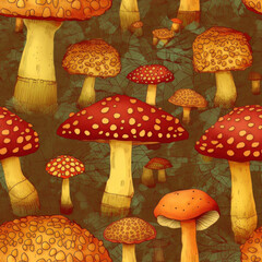 Magic Mushrooms Digital Paper, psychedelic clipart, psychedelic digital paper. Seamless texture, psilocybin pattern, acid trip pattern.