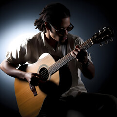 Obraz premium Smooth Grooves: Stylish Black Man Embracing His Guitar