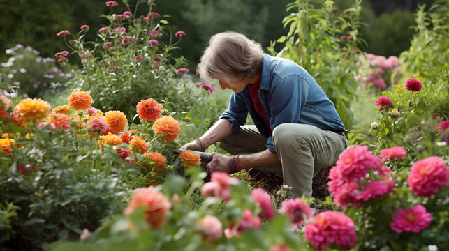 Nature's Artisan: Woman Tending to Her Blooming Garden