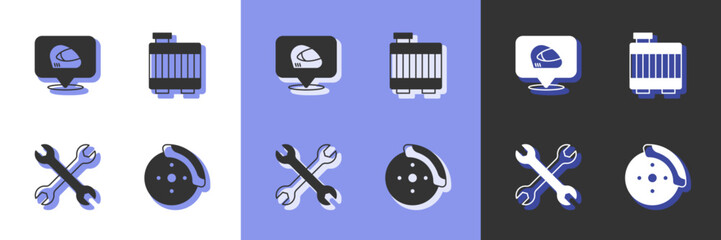 Set Car brake disk with caliper, Racing helmet, Wrench spanner and radiator cooling system icon. Vector