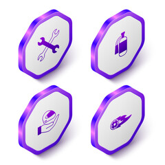 Set Isometric Wrench spanner, Fire extinguisher, Racing helmet and Wheel fire flame icon. Purple hexagon button. Vector