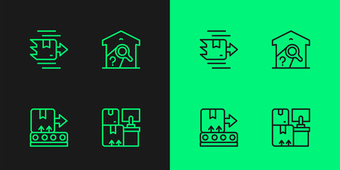 Set line Warehouse with boxes, Conveyor belt, Carton cardboard and check icon. Vector