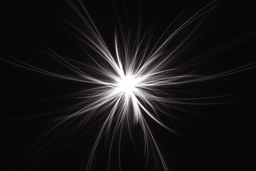 White glowing pattern of crooked rays from the center on a black background. Abstract fractal 3D rendering