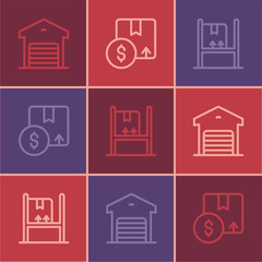 Set line Warehouse, interior with boxes and Carton cardboard icon. Vector