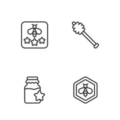 Set line Bee and honeycomb, Jar of, Type bee and Honey dipper stick icon. Vector