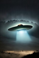 Naklejka na ściany i meble Unidentified flying object. Futuristic UFO on the black background with beam of light down. AI generative.