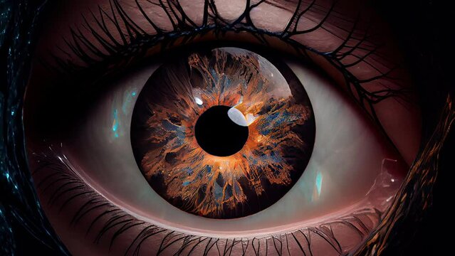 Closer look of the image of an eye from an video animation with the high contrast colors on it AI generated