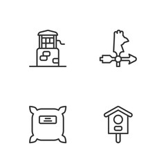 Set line Bird house, Pack full of seeds, Well and Rooster weather vane icon. Vector