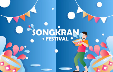 Naklejka premium Songkran festival man and woman playing water with happy vector paper art design for banner background Songkran festival man and woman playing water with happy vector paper art design for banne