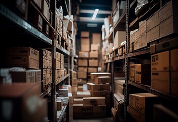 cardboard boxes abound in the inventory in the contemporary warehouse storage of the retail store.,generative ai - obrazy, fototapety, plakaty