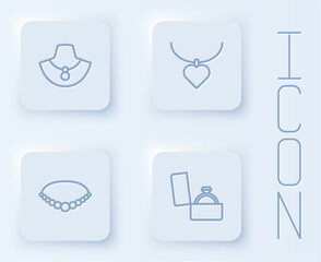 Set line Necklace on mannequin, with heart shaped, Pearl necklace and Diamond engagement ring box. White square button. Vector