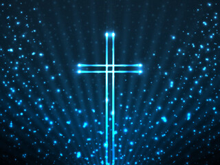 Glowing christian cross on background glitter particles and glowing rays . Religious symbol. Magic backdrop