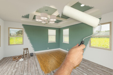 Before and After of Man Using A Paint Roller to Reveal Newly Remodeled Room with Fresh Muted Teal Paint, Coffered Ceiling and New Floors.