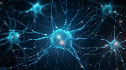 Nerve cell blue color banner, system neuron of brain with synapses. Medicine biology background. Generation AI.