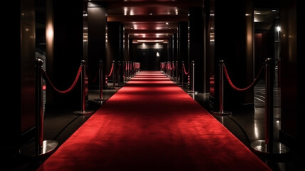 Red Carpet hallway with barriers and red ropes for Cinema and Fashion Awards, a ceremony for celebrities persons. Generative AI - obrazy, fototapety, plakaty