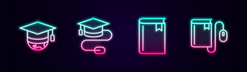 Set line Graduation cap on globe, with mouse, Book and Electronic book. Glowing neon icon. Vector