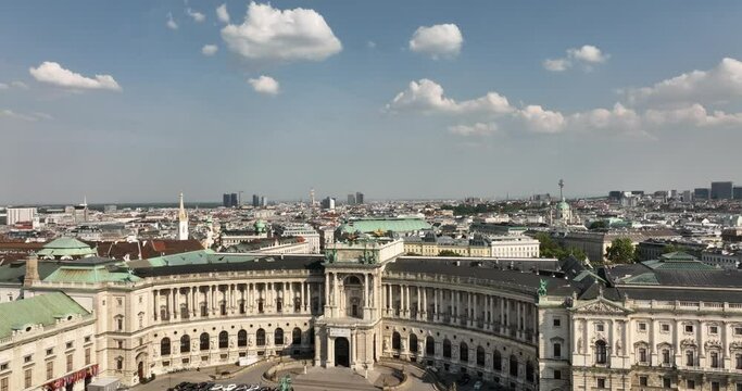 Vienna, Austria. Hofburg Palace. Prince Eugen. Flight over the city of Vienna. Aerial View of Imperial Palace Hofburg and Statue of Prince Eugene of Savoy, Vienna Wien, Austria.