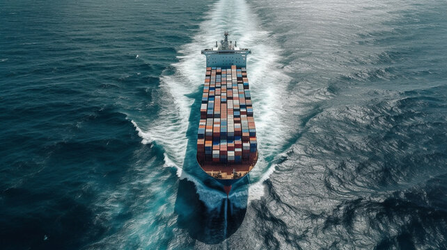 Technology for communication in online business Cyber. An aerial picture of a cargo ship carrying containers for export and import is shown on a global world. Service for Freight Forwarding
