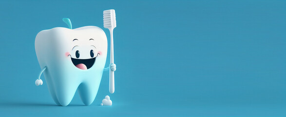 White happy tooth with a toothbrush on blue background. cartoon character. Generative AI