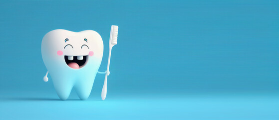 White happy tooth with a toothbrush on blue background. cartoon character. Generative AI