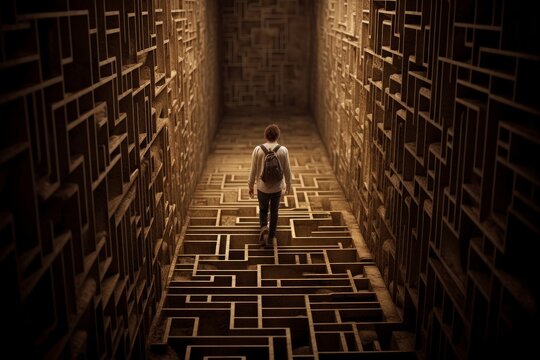 Man in maze is looking for way out. Concept of finding right solutions in life. Figure of man in labirynth with high walls. Created with Generative AI