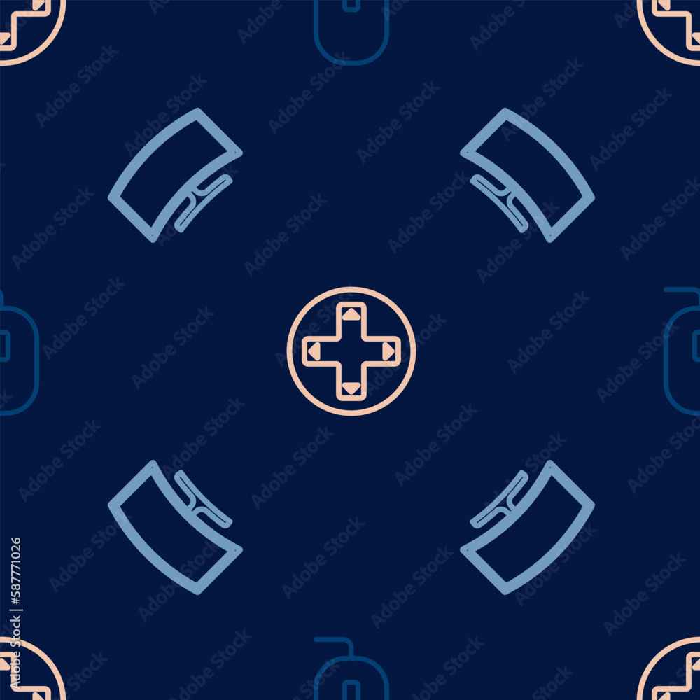 Poster set line computer mouse, monitor and game controller joystick on seamless pattern. vector
