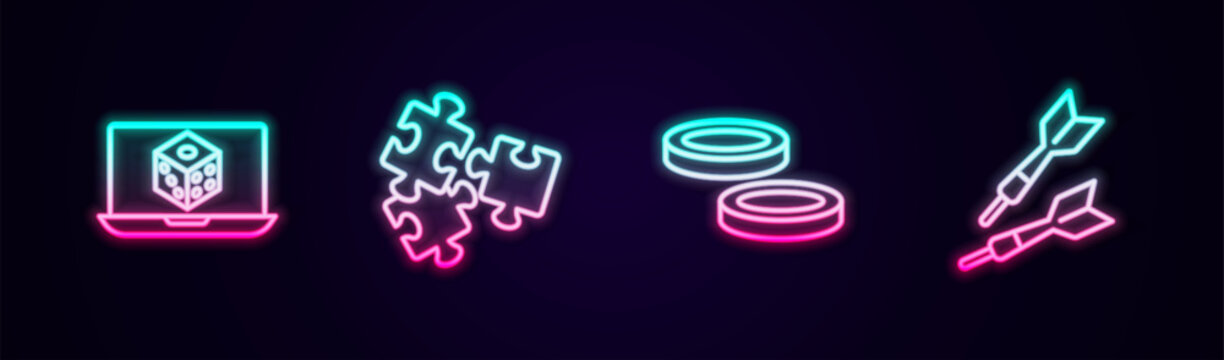 Set Line Game Dice, Puzzle Pieces Toy, Checker Game Chips And Dart Arrow. Glowing Neon Icon. Vector