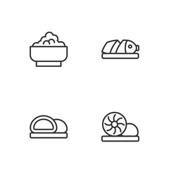 Set line Xiao long bao, Sushi, Rice in bowl and Fish with sliced pieces icon. Vector