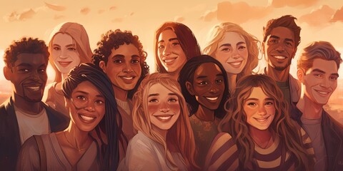 A group of young friends from different races and ethnicities who promote racial diversity and reject any form of discrimination, Generative AI.