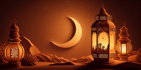 Arabia Sahara lantern and moon setup for greeting Ramadan or eid mubarak cards, Generative AI