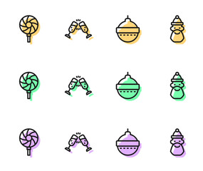 Set line Christmas ball, Lollipop, Glass of champagne and Santa Claus hat and beard icon. Vector