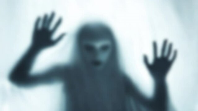 Heavy wave distortion nightmare fx: an evil ghost behind a veil or fabric, angry, showing her hands.
