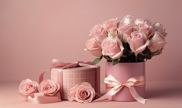Beautiful bouquet flowers pink roses and gift box on pastel pink background, Birthday, Wedding, Mother's Day, generative AI