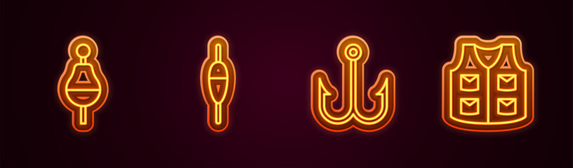 Set line Fishing float, hook and jacket. Glowing neon icon. Vector