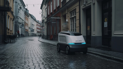 Fototapeta na wymiar Delivery robot that is autonomous in Tallinn, Estonia. A business in Estonia is creating autonomous delivery cars. Future technology idea with an autonomous courier robot. Generative AI