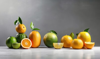 Citrus still life concept with lemon, lime and orange on gray stands and podiums over white background, generative AI
