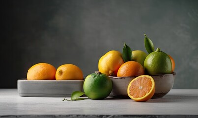 Fototapeta na wymiar Citrus still life concept with lemon, lime and orange on gray stands and podiums over white background, generative AI