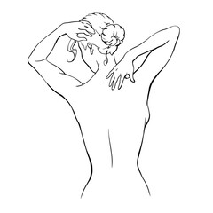 Graphic drawing by hand. Vector. An image of a naked girl with a female hairstyle for long hair from the HAIR DECORATION collection. For the design of websites, postcards, stickers, coloring books