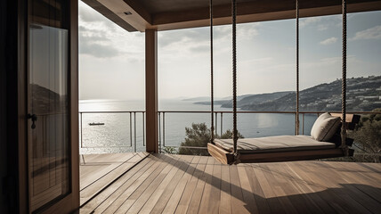 luxury house veranda with hanging swing and sea view. Generative AI