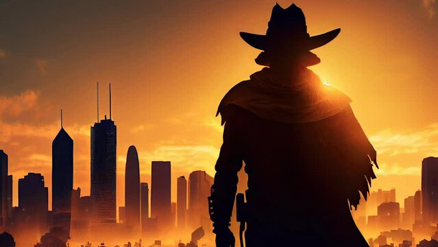 The sunset and the cowboy in the city an video animation piece movie on the gallery AI generated