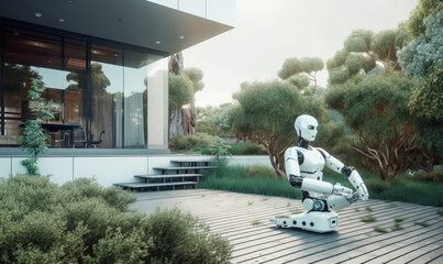 Smart robot as home assistant with artificial intelligence on modern home garden background. Generative AI